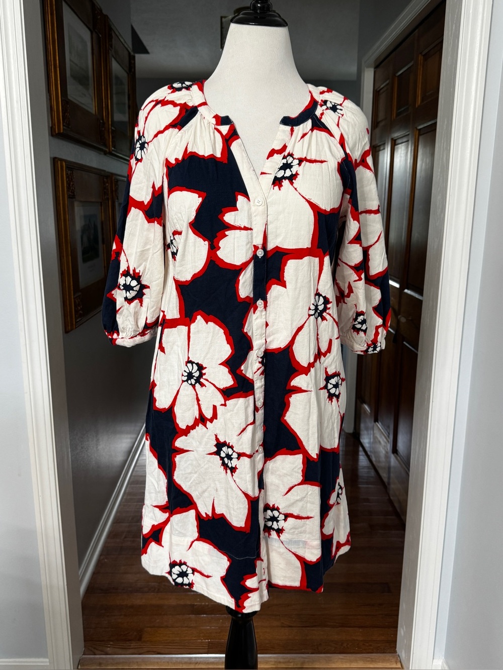 Sonoma Cotton Blend‎ Red White Blue Floral Button Front Dress Size Large 3/4 Slv